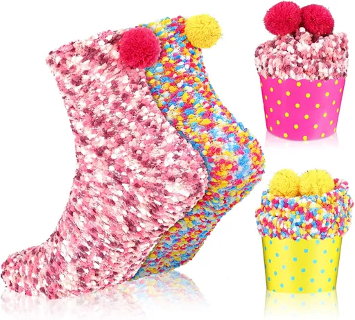 2 Paris Valentine's Day Fuzzy Cupcake Socks DIY Present Colorful Socks for Women Girl Winter Warm Soft Fluffy Birthday Party Teachers Gifts
