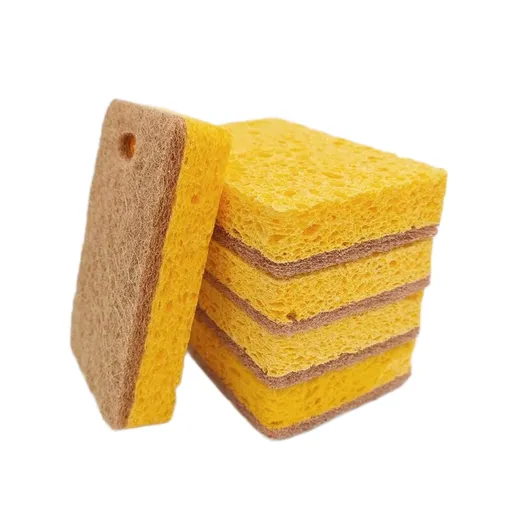 1 Piece Yellow perforated Wood Pulp Cellulose Dish Sponge - Double-Sided Kitchen Cleaning Pad, Oil-Resistant, Highly Absorbent, Durable Wood Fibre Scourer for Pots and Pans