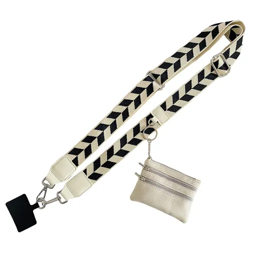 Clip and Go Phone Strap with Zipper Pouch,Crossbody Adjustable Chain Lanyard with PU Leather Wallet for All Phones Beige