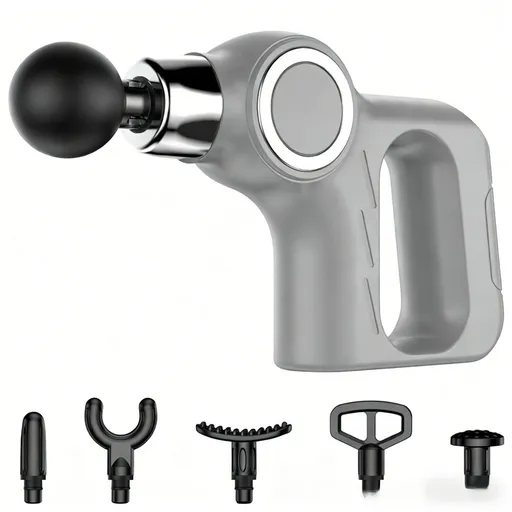 Grey Portable Mini Triangle Massage Gun with 6 Heads & 6 Speed Setting - High Frequency Muscle Stimulator for Professional Fitness (LCD Model)