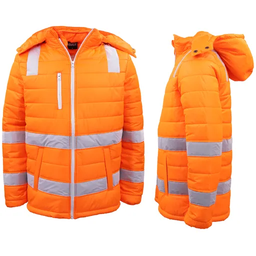 HI VIS Puffer Safety Jacket Reflective Tape Removable Hood Zip Pocket Puffy Coat, Fluro Orange, 5XL
