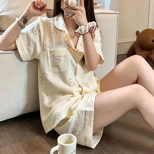 White Rabbit Short Set Size XL | Bubble Crinkle Plus Size Short Pajamas | Christmas Bunny Girly Gift | Plus Size Friendly Loose Women's Loungewear