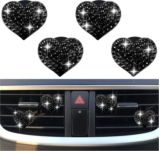 4PCS Heart-Shaped Car Vent Clips with Rhinestone,Bling Air Vent Clips Car Decorations,Premium Shiny Car Clips for Vents Accessories Interior (Black)