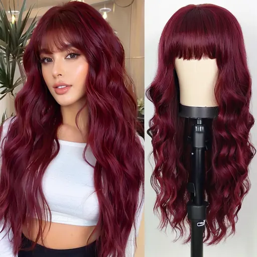 Red Wig With Bangs Long Red Wigs for Women 26 Inches Curly Wavy Hair Natural Looking Heat Resistant Fiber Wig for Girls Halloween Party Use