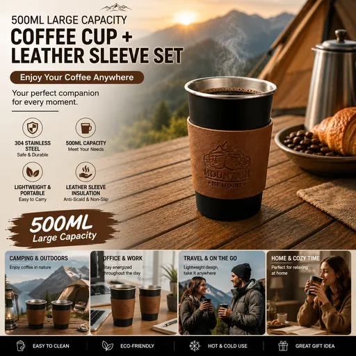 Black 304 Stainless Steel Camping Coffee Cup with Leather Sleeve – 500ml Portable Outdoor Drinking Cup, Beer Cup, Travel Mug for Camping, Hiking, Picnic and Daily Coffee