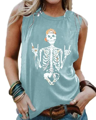 Women's Sleeveless Tank Top With Funky Skeleton Graphic For Summer, Festivals & Casual Outings, S (Dusty Blue)