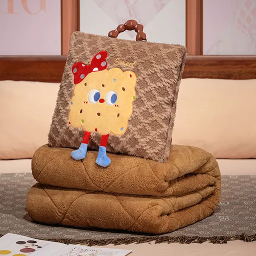 Coffee Thick Fleece Cartoon Cookie Pillow Blanket 2-in-1 for Winter Car and Office Use