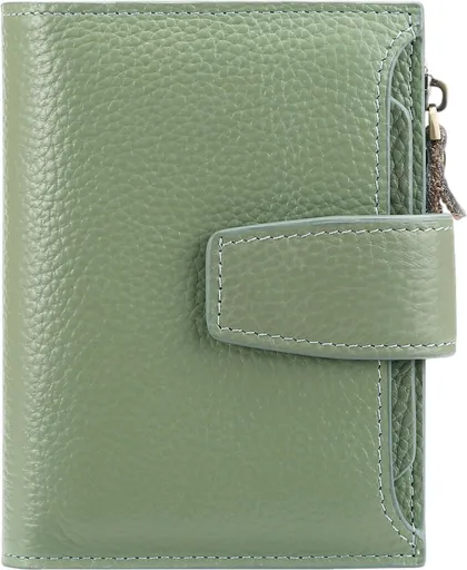 Womens Genuine Leather RFID Blocking Wallet With 14 Card Slots Zipper Coin Pocket Compact For Purse And Travel Light Green