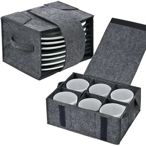 2 Piece Set of Grey Foldable Crockery & Mug Storage Organizer (Holds 8 Plates + 6 Mugs) - Felt Camping & Picnic Dinnerware Storage Box with Handle and Secure Closure