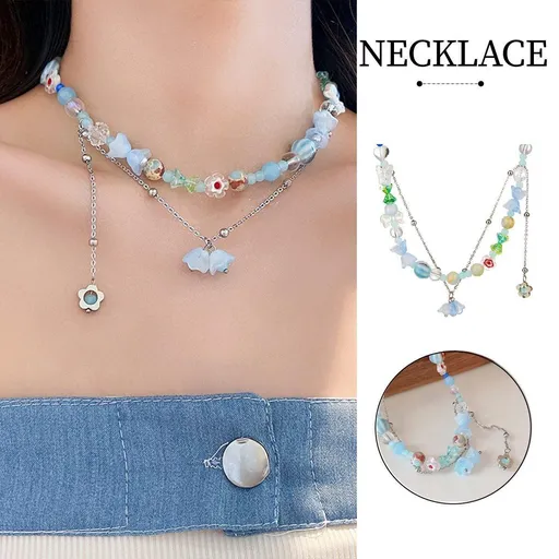 Pendant Necklace Blue Flower Design Adjustable Length Alloy Multicolour