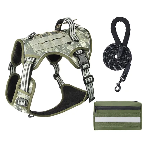3-Piece Camouflage Tactical Dog Harness Set (M Size) - Heavy Duty No-Pull Vest with Detachable Tactical Pouch & Climbing Rope Leash