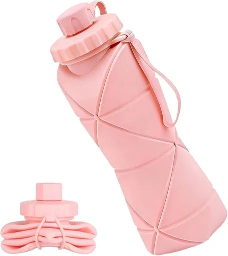 Foldable Water Bottle BPA-free Silicone Lightweight Leak-proof with Lanyard for Outdoor Travel Cycling Gym Camping, 600 ml, Pink