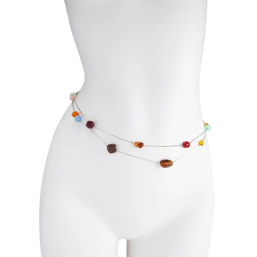 Gold Tone Resin Bead Body Chain - 90cm Delicate Metal Waist Chain with Amber Stones, Boho Beach Belly Chain for Women Summer Festival