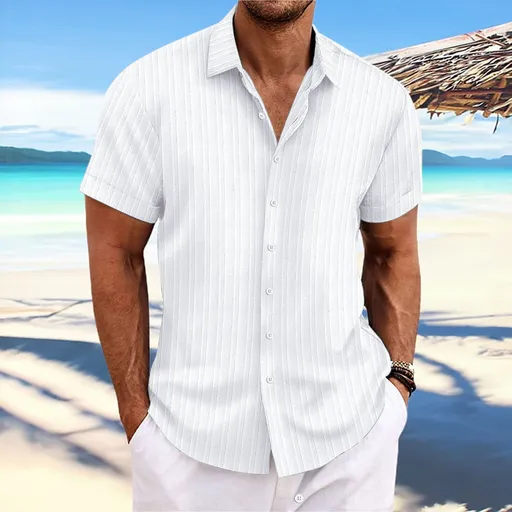 Men Cotton Linen Striped Casual Shirt White XXL