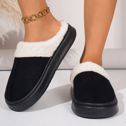 Cozy Faux Suede and Plush Fur Slippers for Women and Men, Thick Anti-Slip Sole for Indoor and Outdoor Wear, Warm House Shoes for Cold Seasons, Simple Lace Trim Style (L(40-41), Black)