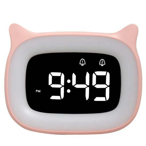 Kids Alarm Clock with Night Light & 18 Ringtones,Rechargeable,Cute Cat Ear Clock for Boys Girls Birthday Presents,Digital Clock for Children's Bedroom(Pink)