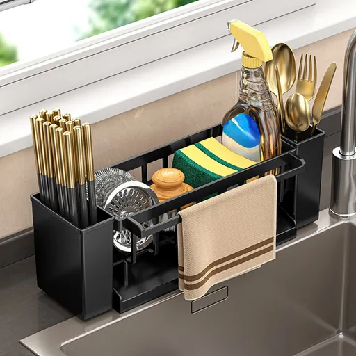 Kitchen Sink Sponge Holder, Sponge Holder Kitchen Sink Caddy Organizer with Dish Brush Holder, Rustproof Stainless Steel Sink Sponge Holder with Auto-Draining Tray H