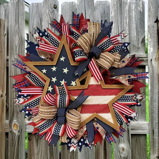 250th Anniversary Patriotic Wreath, Memorial Wreaths 3D Stars Wreaths for Front Door, Red White and Blue Wreath All-Weather Farmhouse Outdoor Holiday Decoration