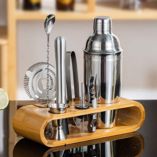 Complete Cocktail Shaker Bar Tool Kit 750ml, Home Bartender Mixology Set with Bamboo Storage Stand for Home Bar
