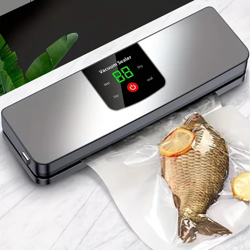 silver Rechargeable Vacuum Sealer with USB Port, designed for preserving food in both dry and wet environments, equipped with an LED screen, ideal for travel and camping.