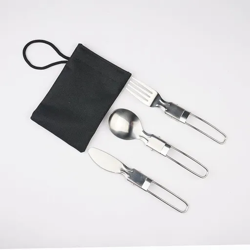 Silver island Folding Stainless Steel Cutlery Set Folding knife, fork and spoon black bag suit