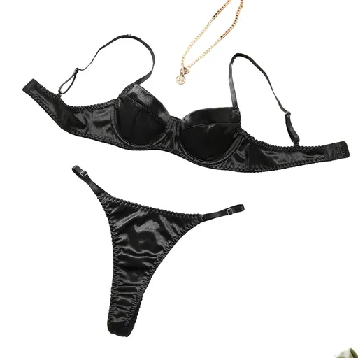House Of Dasein Sexy Satin Lingerie Set For Women Thin And Comfortable With Gathering Supportive Design Prevents Sagging French Style Bra - Black - S