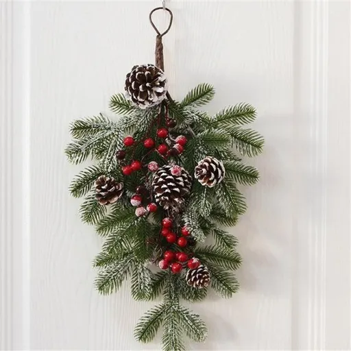 Elegant Flocked Teardrop Swags with Pinecones and Berries, Shimmering Holiday Hanging Decor for Indoor Door Wall Mantel,（55*35cm）