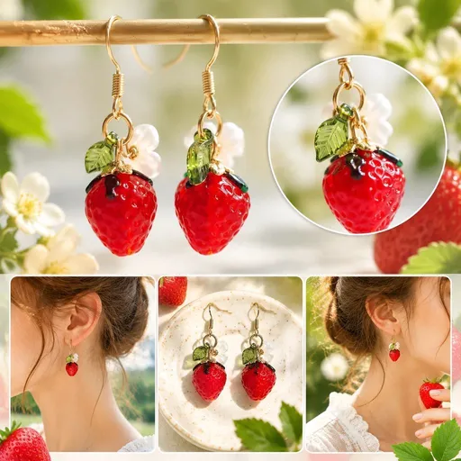 Sweet Botanical Drop Earrings, Clear Strawberry Decor With Single Bloom And Leaf, Pair Set