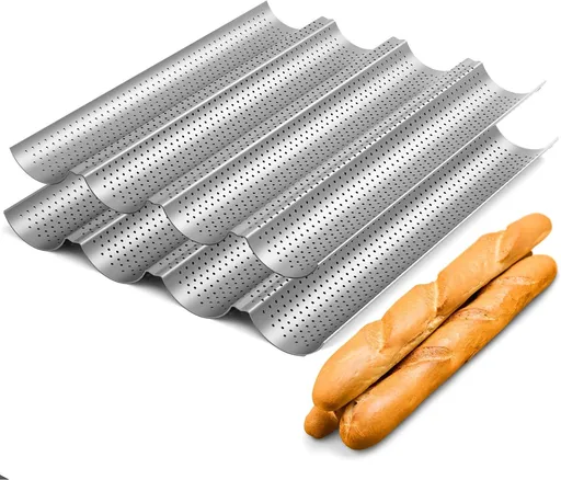 2 Pack Nonstick Perorated Baguette Pan 15" x 13" or rench Bread Baking 4 Wave Loaves Loa Bake Mold Oven Toaster Pan (Silver)