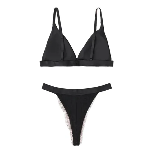House Of Dasein French Style Ultra Thin Solid Color Lace Underwear Triangle Cup Wire Free Bra Erotic Two Piece Set - Black - L