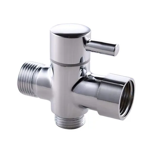 3-way T-connector with shut-off valve for bathroom, 7 x 7 Overall Size, 1 x 3 Overall Size, leak-resistant use, Silver Finish
