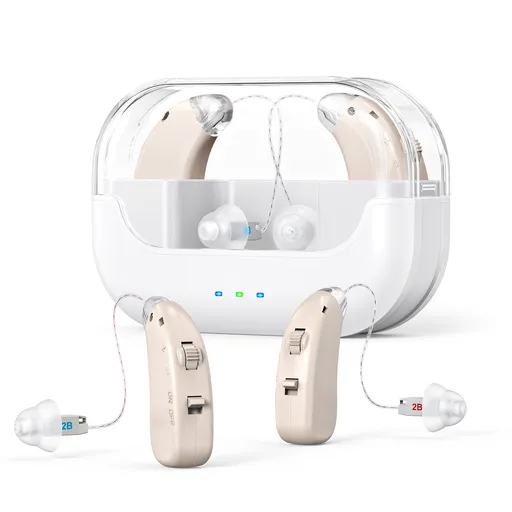 Rechargeable Hearing Amplifier with Charging Case – Compact Sound Enhancer for Daily Use, Noise Reduction & Clear Audio (White & Transparent Case, Skin Tone)
