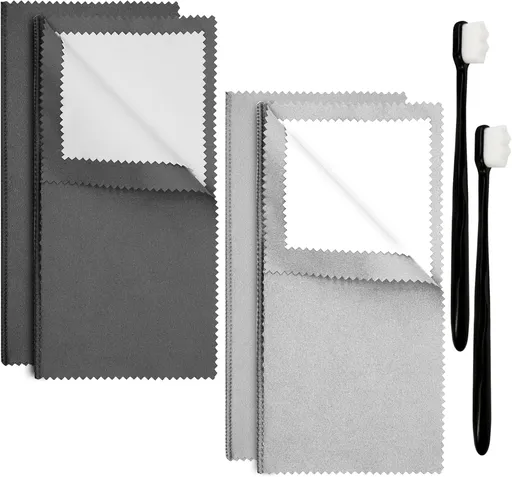 6Pcs Jewelry Cleaning Tool, Jewelry Cleaning Kit Includes 2 Jewelry Cloths & 2 Ultra-Soft Brushes, Polishing Cloth for Gold Diamonds Platinum Gemstones Coins