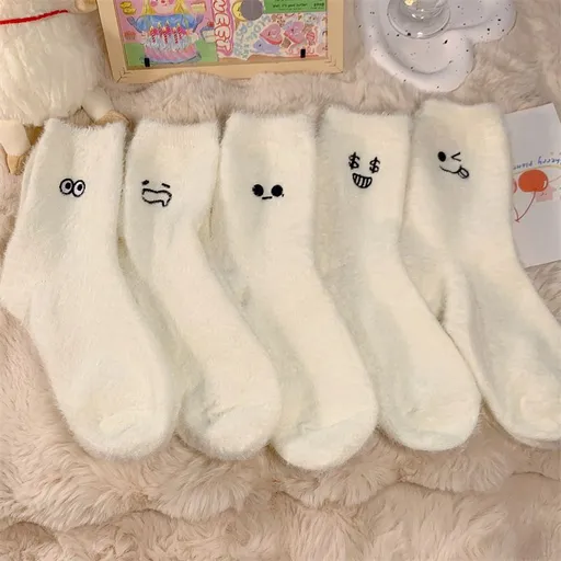 5 Pairs White Cartoon Embroidered Fluffy Crew Socks, Thick Mink Fleece Warm Floor Socks For Women Home Use Autumn Winter