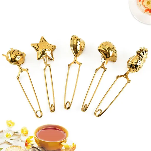 5Pcs Tea Snap Balls Seashell Heart Star Pineapple Teapot Shape Tea Filters Stainless Steel Tea Strainer with Long Handle(Gold)