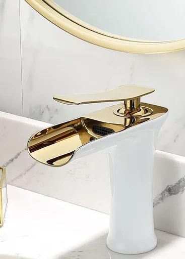 Basin Hot and Cold Water Faucet – Waterfall Spout, Antique Brushed Finish, Short Model, Vintage Bathroom Sink Mixer Tap - White-Gold - Size 135mm