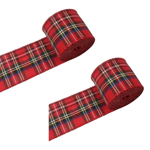 2 Rolls Wired Edge Christmas Plaid Ribbon, Tartan Decorative Wrapping Ribbon for Gift Bows, Wreaths and Craft Projects, Red