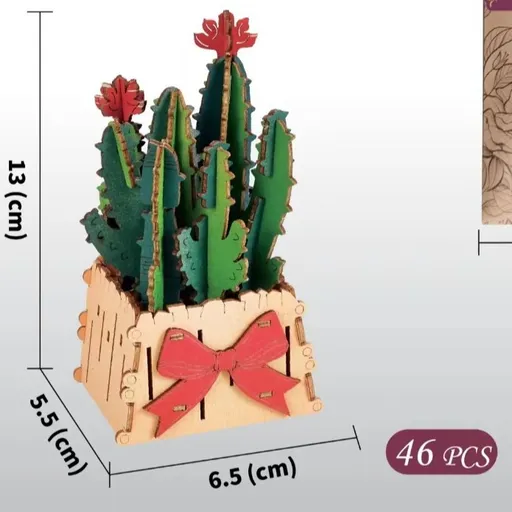 Thousand Flowers DIY 3D Wooden Cactus Puzzle with Red Flowers - 46-Piece Kids' Craft Toy