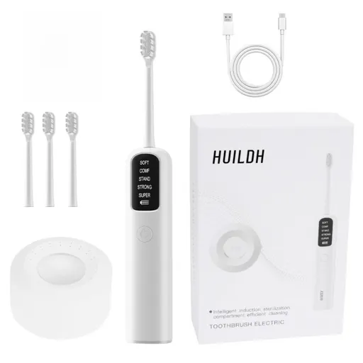 White Rechargeable Dual-Action Vibration & 45° Scientific Sweep Cleaning Electric Toothbrush with 5 Brushing Modes, 4 Brush Head and Storage Base - Smart 2 Min Timer and 30s Quad Reminder, High-Density Rounded Bristles and 3D Precision Brush Head Des