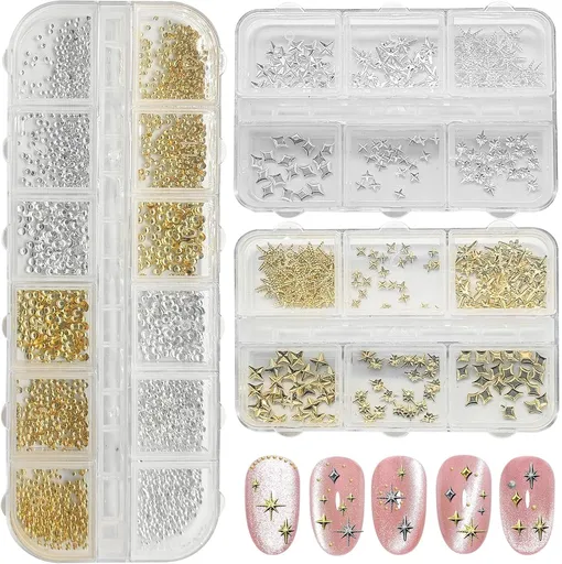 3400 Pack Gold and Silver Star Nail Charms, 3D Metal Nail Art Gems for DIY Manicures, Nail Decoration, Crafts and Salon Accessories
