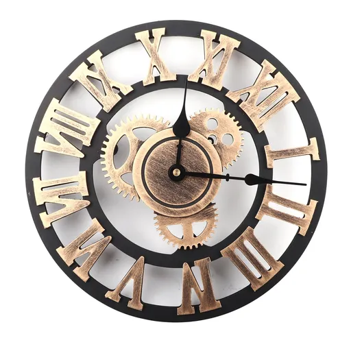 3D Rustic Handmade Wall Clock Gear Wooden Vintage Decor for Living Room/Office/Bar 30cm Gold