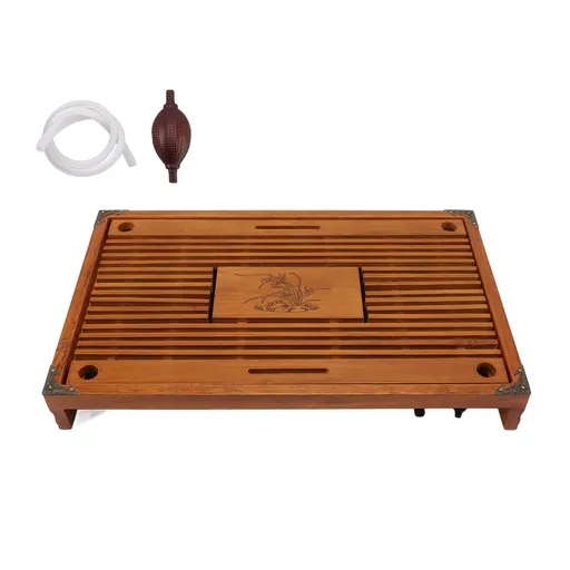 Chinese Style Kongfu Tea Tray Wooden Teaboard Drainage Water Storage Serving Tray Orchid Pattern Yellow