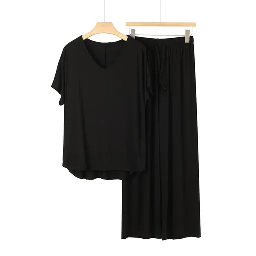 Black Women's Modal Lounge Set Pink V Neck Short Sleeve Top and Wide Leg Pants, Lightweight Breathable Summer Sleepwear, Relaxed Homewear for 45-72.5 kg