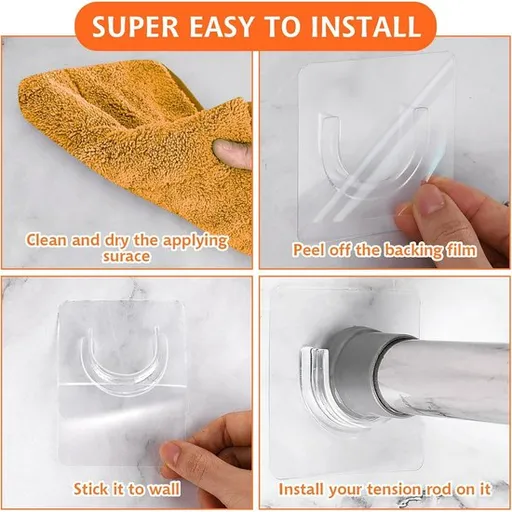 Shower rod bracket - Curtain bracket - Self-adhesive rod mounting without drilling - Transparent rod hook - Mounting stickers (8 pieces)