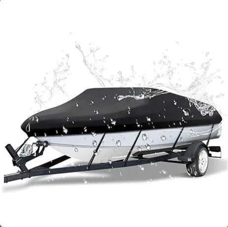 600D Oxford Cloth Boat Cover, Waterproof UV Protection Dustproof Marine Cover for V-Hull Speedboat Motor Yacht, Adjustable Strap & Elastic Hem Design for Outdoor Storage & Trailer Transport