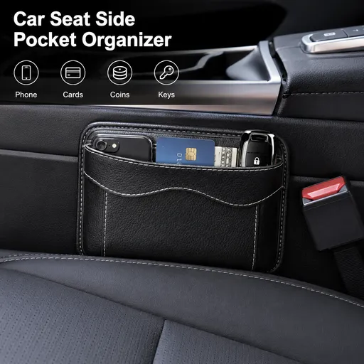 Car Seat Side Pocket Organizer, PU Leather Mini Vehicle Phone Holder Storage Bag, Automotive Interior Tray Pouch Seat Gap Filler Accessories, Universal for SUV Sedan Truck (Black)