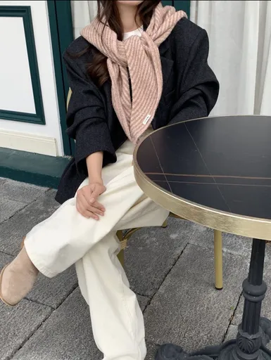 Dusty Pink Striped Wool Blend Knitted Triangle Scarf - Soft Warm Shawl Neck Wrap for Women - Chic Autumn Layering Accessory - Pink