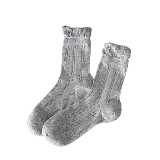 4 Pairs Light Gray Women's Lace Trim Socks - Lightweight Sheer Mesh Crew Socks with Ruffle Cuffs, Breathable Solid Colour Fashion Socks for Everyday Wear