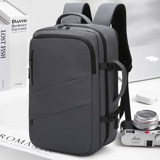 Grey Premium Business Expandable Travel Backpack with External USB Charging - 20-35L Large-Capacity & Waterproof Commuter Daypack