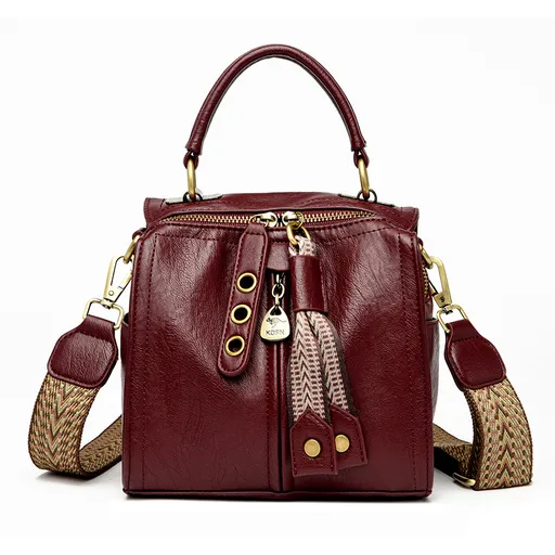 Red Vintage Look PU Leather Box Bag | Stylish Top Handle Crossbody Tote | Multi-Carry Bucket Bag with Wide Strap